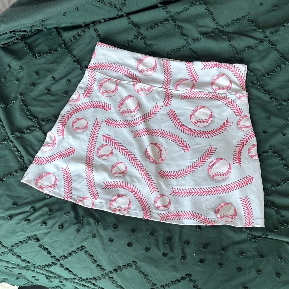Baseball Print Skirt - White and Pink